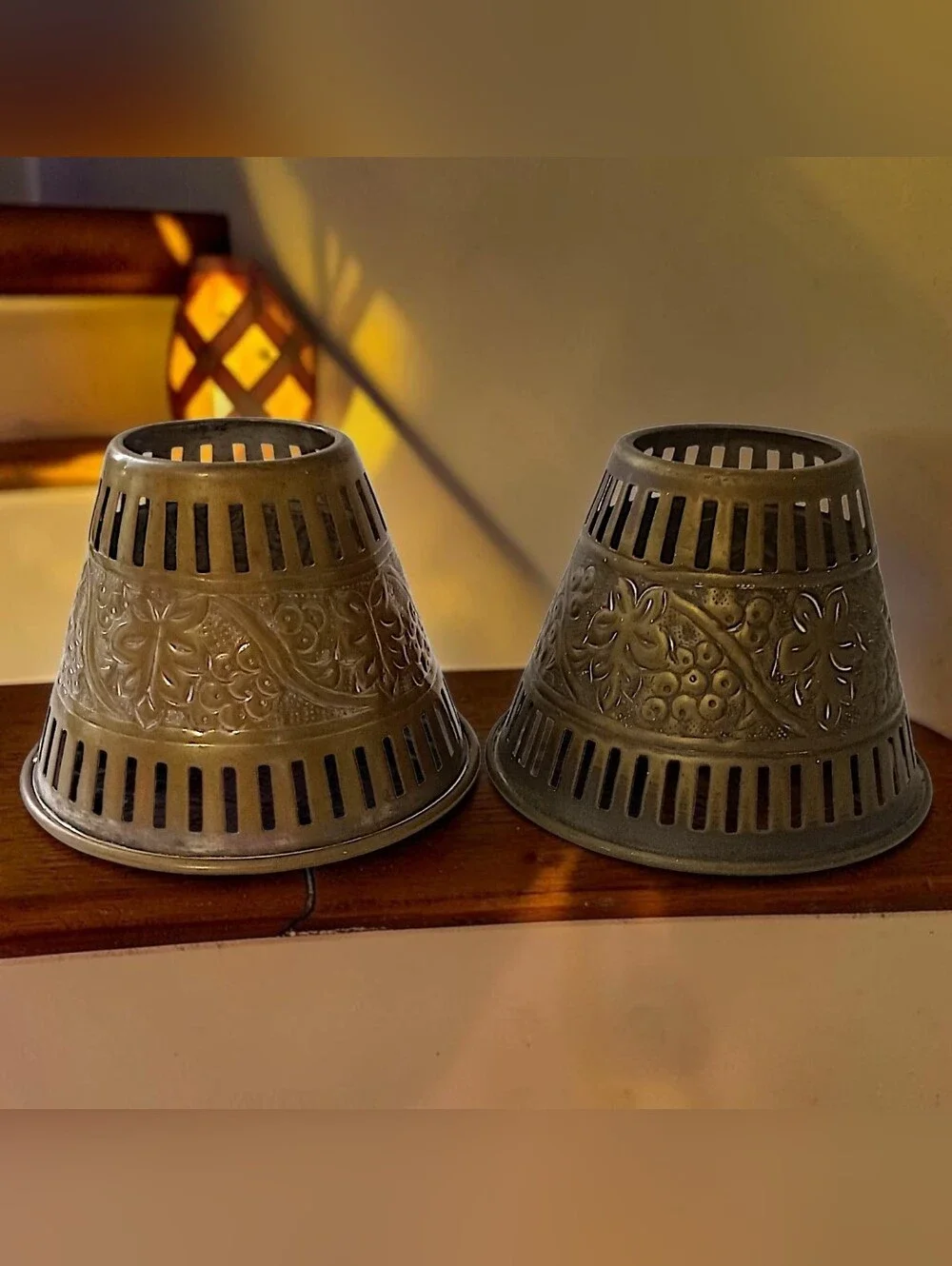 2 Vintage Brass Candle Votive Shades Pair Pierced Embossed Grape Floral Patina